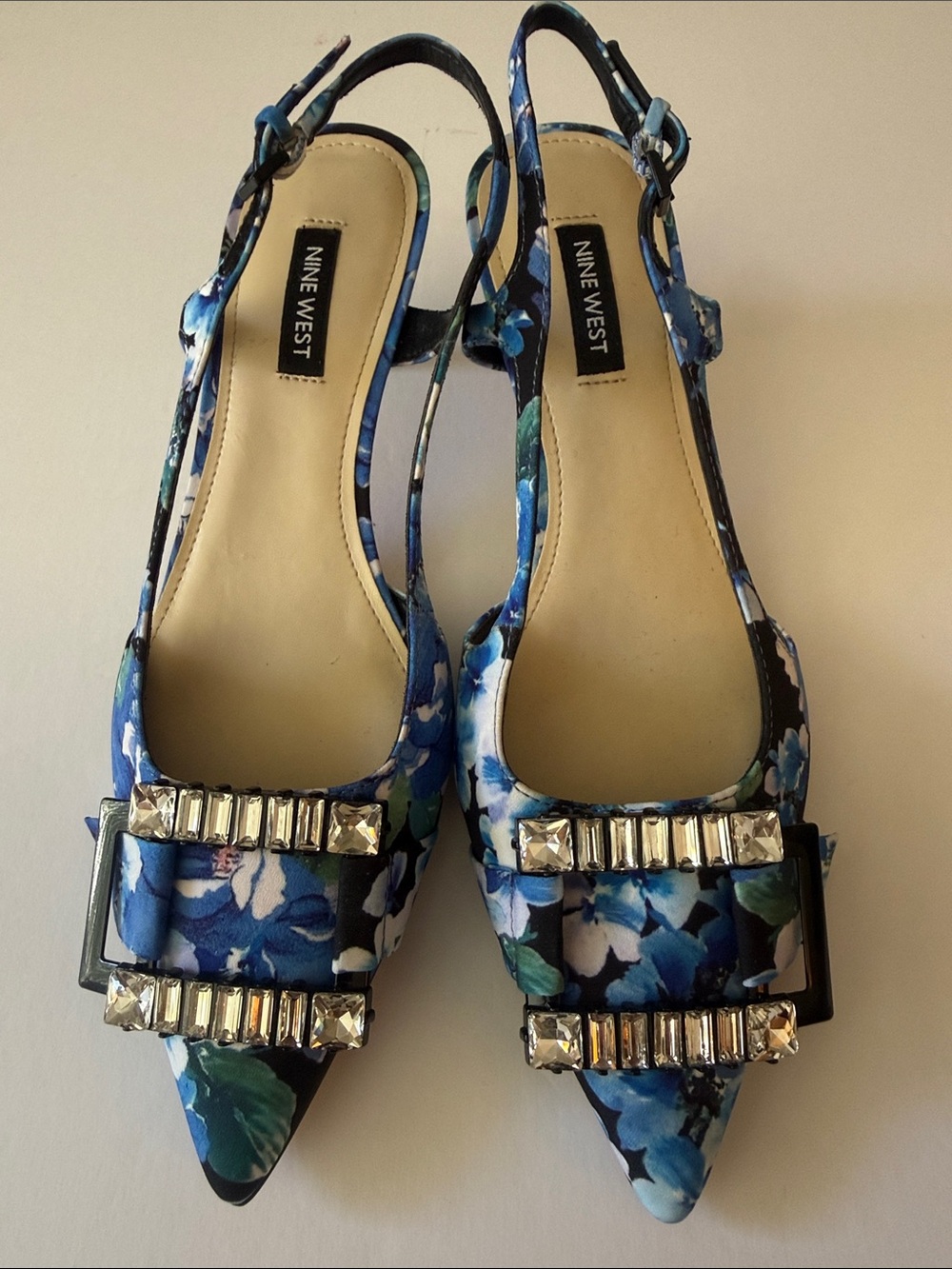 NINE WEST Floral Fabric Crystal Buckle Slingback Heels Size 7